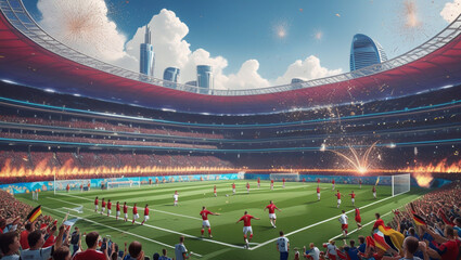 A stadium in a cityscape filled with cheering fans, the players line up on the field