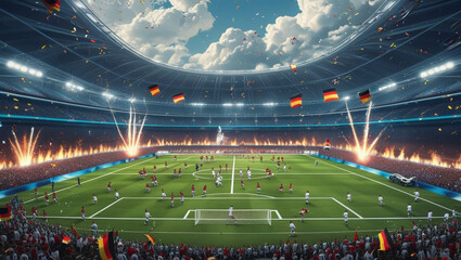 A packed soccer stadium shows Germany playing a game..