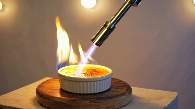 Flaming a creme brulee.