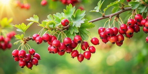 Obraz premium Lush cluster of ripe hawthorn berries hanging from a bare branch , greenery, flowers, greenery, flowers, harvest, wild, hawthorn