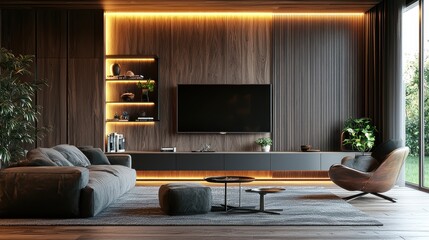 Fototapeta premium Elegant living room interior showcasing contemporary design with dark wood and soft lighting accents