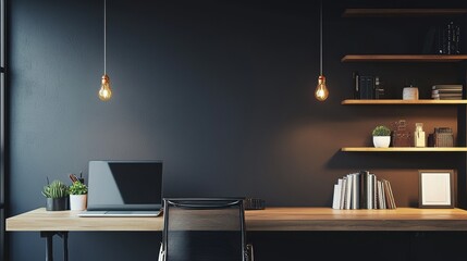 Modern Workplace Scene Dark Wall Wooden Desk Chair Laptop Shelves Books Plants Ambient Light