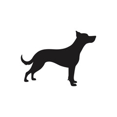 A black and white vector silhouette of a playful dog jumping with front paws extended and tail curved on a white background
