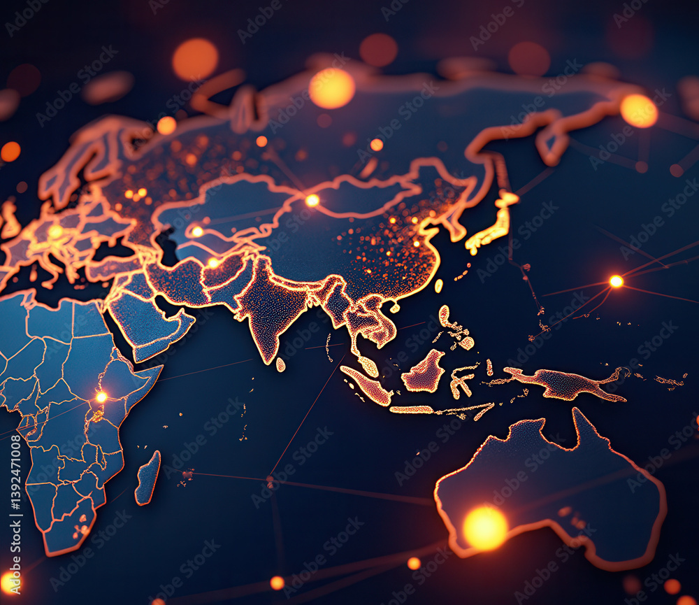 Poster digital map showcasing illuminated connections across continents.
