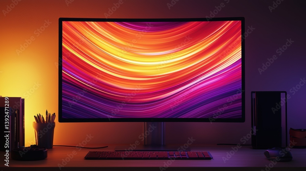 Poster computer monitor with abstract color display in a home office setting for modern work lifestyle