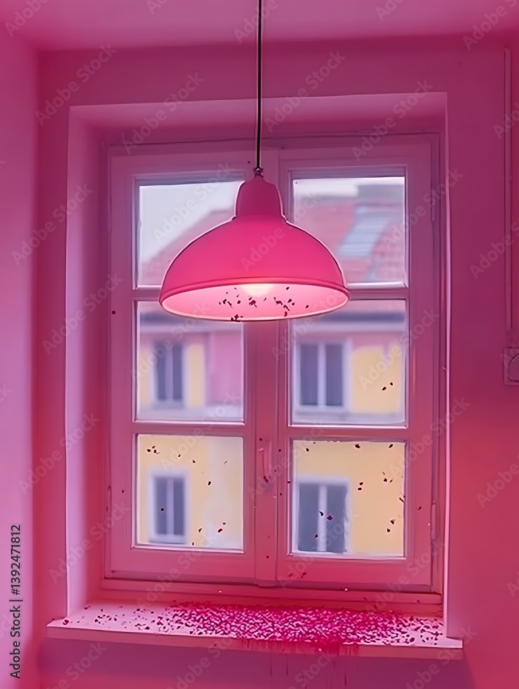 Poster fuschia illuminated lamp over window adorned with delicate confetti patterns