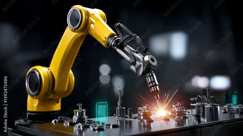Poster in a smart autonomous factory, an industrial robot operates automatically, as depicted in a post-pro