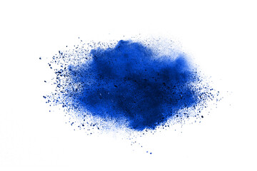 blue color powder explosion isolated on white background. Colored cloud. Colorful dust explode. Paint Holi