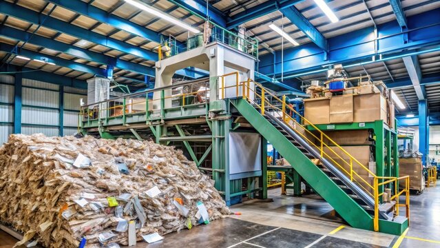 Large paper machine with a conveyor belt feeding recycled materials into its system, paper recycling, waste management