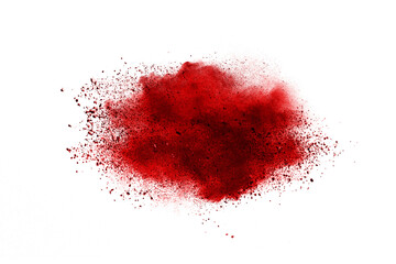 Red color powder explosion isolated on white background. Colored cloud. Colorful dust explode....
