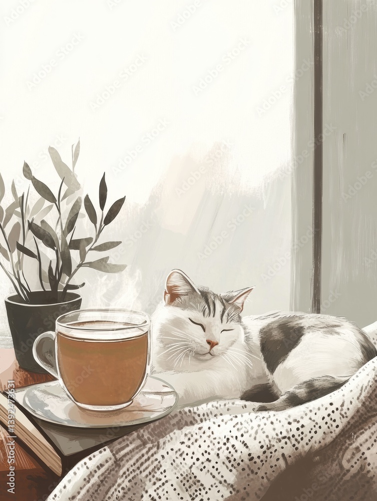 Fototapete warm tea and a sleepy cat create a cozy atmosphere by the window with a knitted blanket and a hint o
