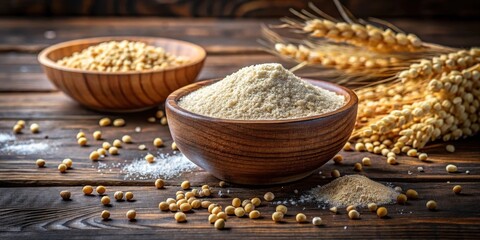High-quality image of a bowl filled with organic sorghum flour and surrounded by whole grains and seeds on a dark wooden background, Natural Ingredients, Healthy Eating