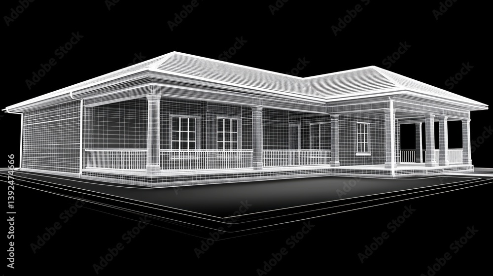 Poster 3d wireframe model of a house showcasing architectural design in a digital format for visualization