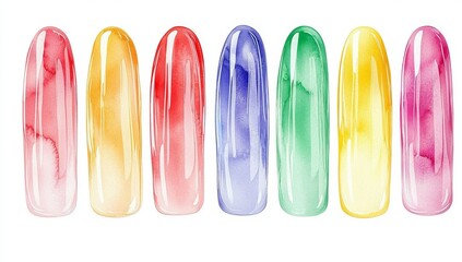 Fototapeta premium A colorful array of nail polish bottles is depicted in a watercolor illustration, presented as hand-drawn clipart on a white background, suitable for use by beauty salons, manicure services, and