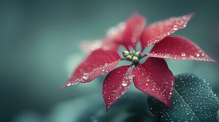 Fototapeta premium Close-up of a vibrant red poinsettia flower with water droplets
