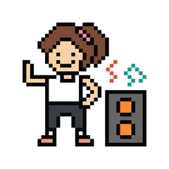 Cartoon pixel character cute woman exercises training dance lifestyle music decoration life style 8 bit female girl dance with music game 8bit fitness isolated PNG vector.