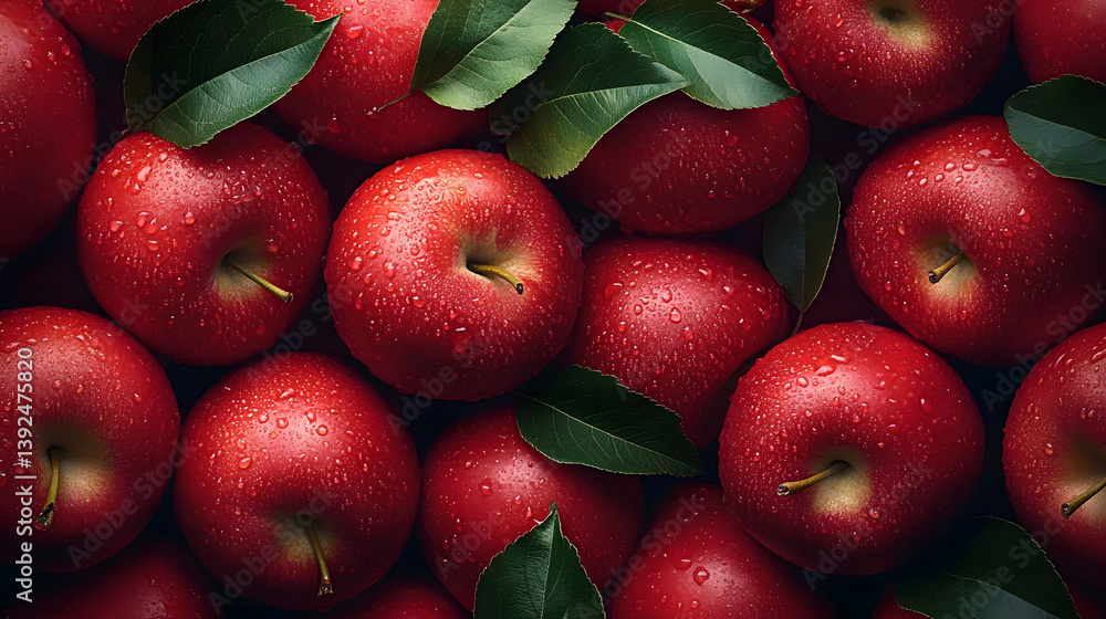 Poster red apples with leaves, closeup with top view, red apple patterns, top view of bright ripe fragrant 