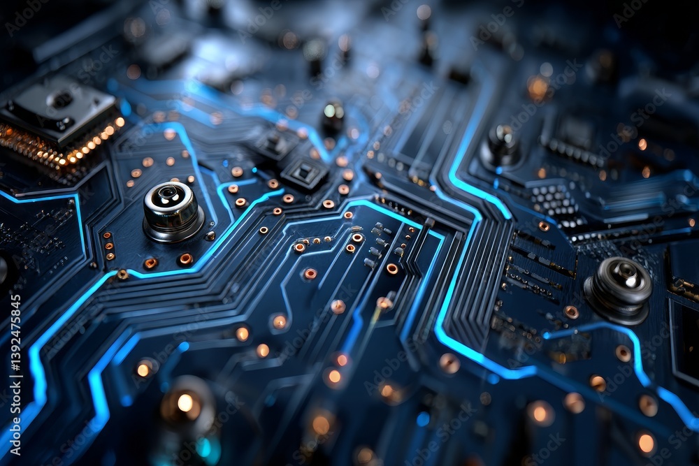 Poster the image features an abstract technology background with a blue circuit board pattern