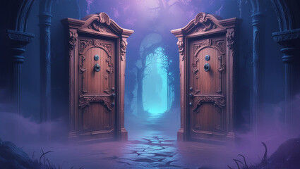 Artwork showing two ornate doors. Between them, an unknown portal is framed by swirling, blue ligh