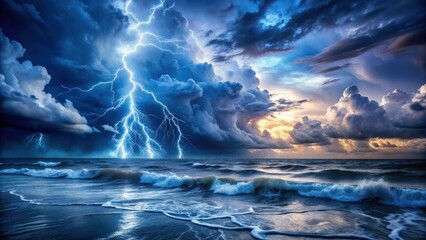 Dark turbulent sea with intense bright lightning illuminating the dark sky, waves crashing against the shore in rhythmic motion, cloudy sky, nighttime seascape