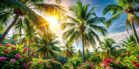 Fototapeta premium Palm trees swaying gently in warm sunlight with lush green foliage and vibrant flowers, tropical, sunny, tropical