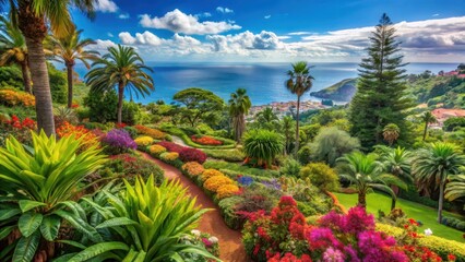 Fototapeta premium Lush tropical flowers in a vibrant botanical garden surrounded by lush greenery and exotic plants