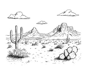 Wild West prairie desert with cactuses and mountains. Vintage cowboy scene.