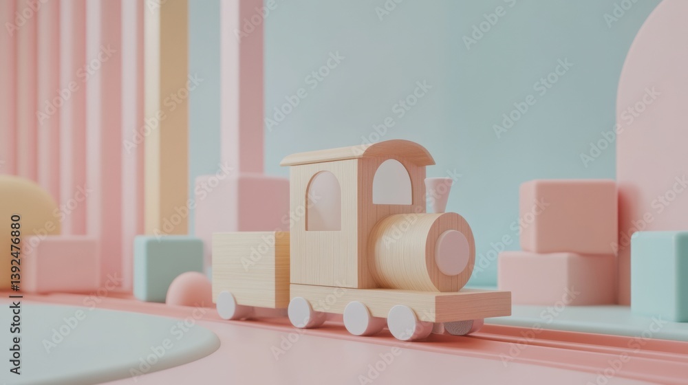 Aufkleber cozy wooden train on colorful floor with pastel cubes and minimal movement creating a playful atmosp
