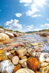 Flowing stream with colorful stones natural landscape scenic view tranquil environment nature photography