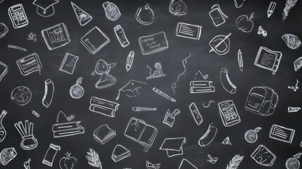 Chalkboard background with school icons drawn in white chalk