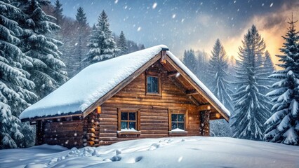 Naklejka premium Snowy Cabin Roof with Softly Falling Snow, cozy cabin, snowy cabin