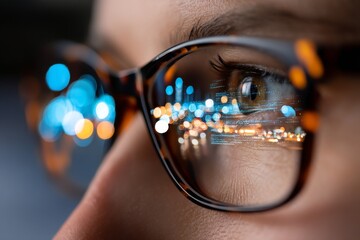 A close-up shot of eyes and glasses with a reflection of a computer monitor symbolizes cyber security, as seen in stock images