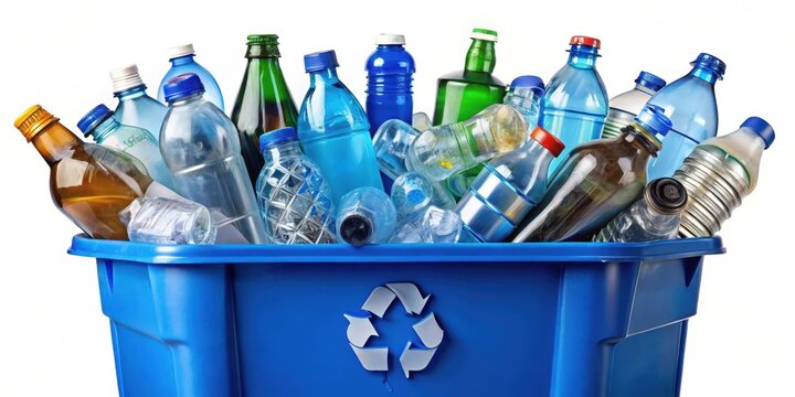 A blue recycling bin overflowing with a variety of plastic bottles and aluminum cans in different shapes and sizes , pollution, environmental conservation