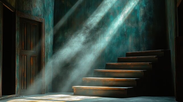 Ancient, dimly lit hallway with wooden staircase