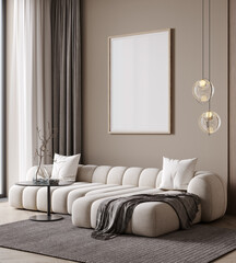 Poster frame mock-up in modern home interior background, living room in beige colors,3d render
