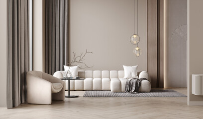 Minimalist modern living room interior background, living room mockup, empty wall mockup, 3d rendering