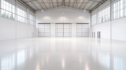 Fototapeta premium Empty Warehouse Space Large Hangar Doors Minimalist Style Bright Clean Lighting Wide Angle View Reflective Floor Open Space Industrial Setting Bright White Tones Ideal for Real Estate Listings