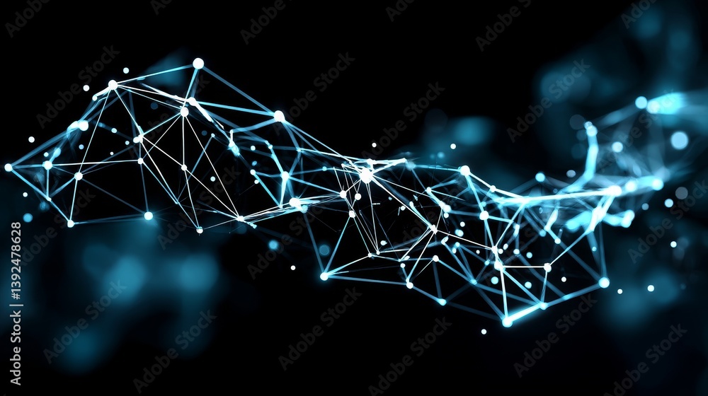 Poster the image, stock aig21, depicts a blue abstract background with a network grid and connected particl