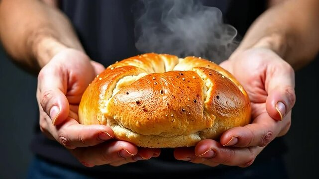 Close-up freshly baked hot loaf of bread with a crispy crust in the hands of a cook
