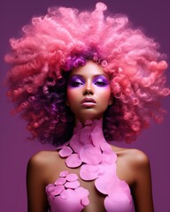 Fashion model posing in transparent plastic dress, sporting voluminous pink afro, creating edgy avant garde studio portrait with bold styling