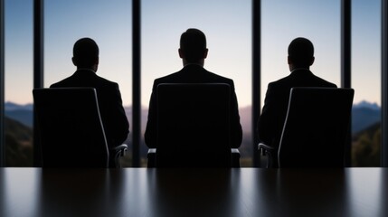 A Governance Board Meeting Illustration Featuring Three Silhouetted Individuals in a Corporate Environment at Sunset