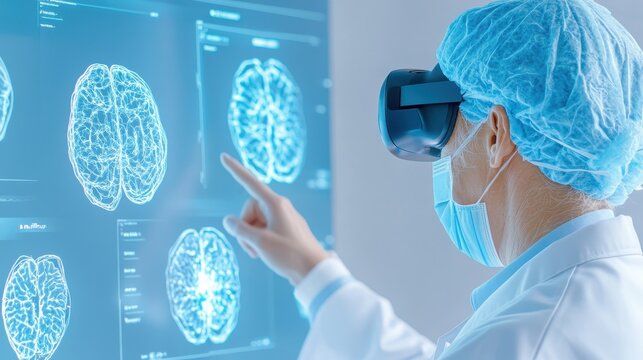 A doctor wearing a VR headset analyzes advanced brain imaging data on a digital display, showcasing the future of medical technology and diagnostics.