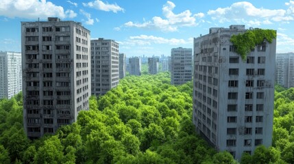 The world recovering after Armageddon, forests regrowing in the heart of abandoned cities, people repairing infrastructure, realistic 
