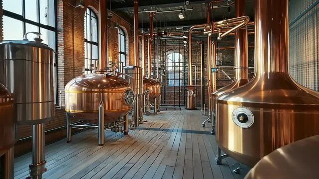 Interior of a brewery showcasing copper fermentation tanks and industrial design elements