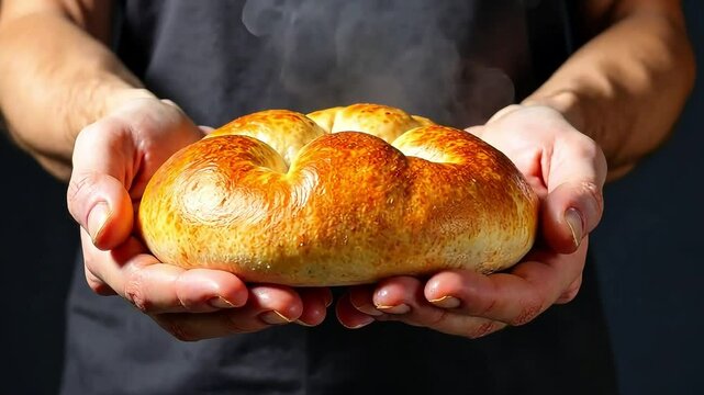 Close-up freshly baked hot loaf of bread with a crispy crust in the hands of a cook