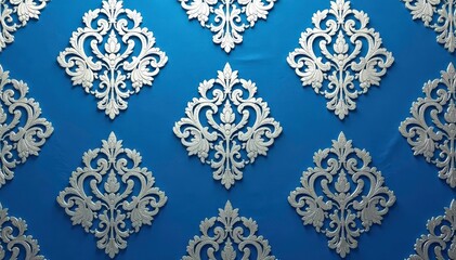 Large scale damask repeat, silvery grey tones on deep blue, abstract, brocade, background
