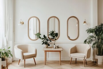 Fototapeta premium A 3D rendering of a modern luxury beauty salon interior featuring armchairs and a mirror