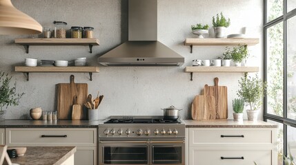 Cozy kitchen with floating shelves wooden accents stainless steel appliances and abundant natural light creating warm mood