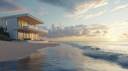 Modern beachfront bungalow with white walls and large windows at sunset