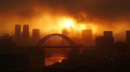 Naklejka premium Golden Sunrise Cityscape: Bridge, Buildings, and Foggy Atmosphere